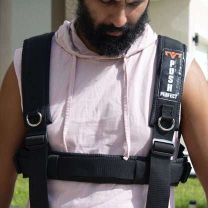 PUSH Perfect vest worn over a t-shirt, front view showing the shoulder straps, D-rings and chest strap